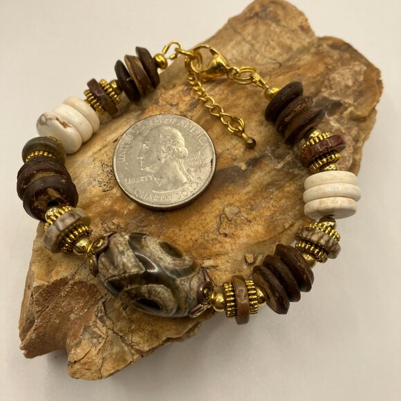 dZi + Tibetan Oval Agate dZi Bead Bracelet 7 in Lobster Clasp Adjustable NEW - Picture 4 of 7